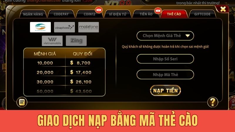 Giao dịch nạp bằng mã thẻ cào