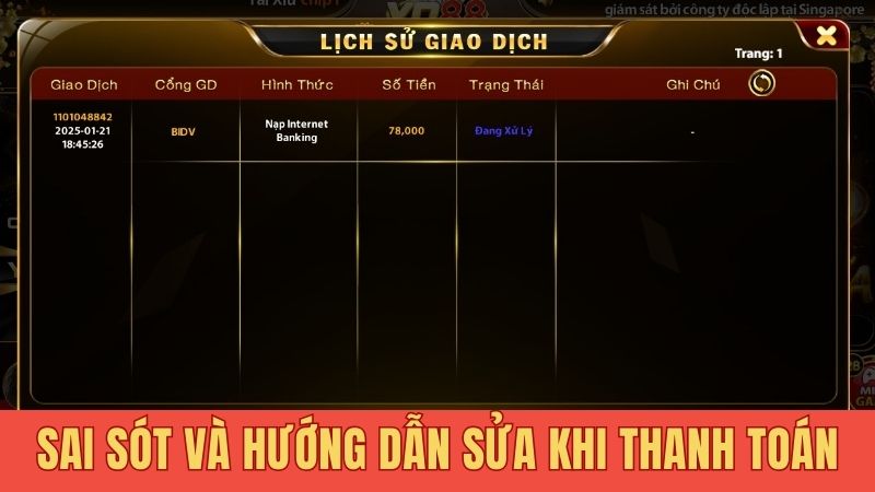 Sai sót và hướng dẫn sửa khi thanh toán